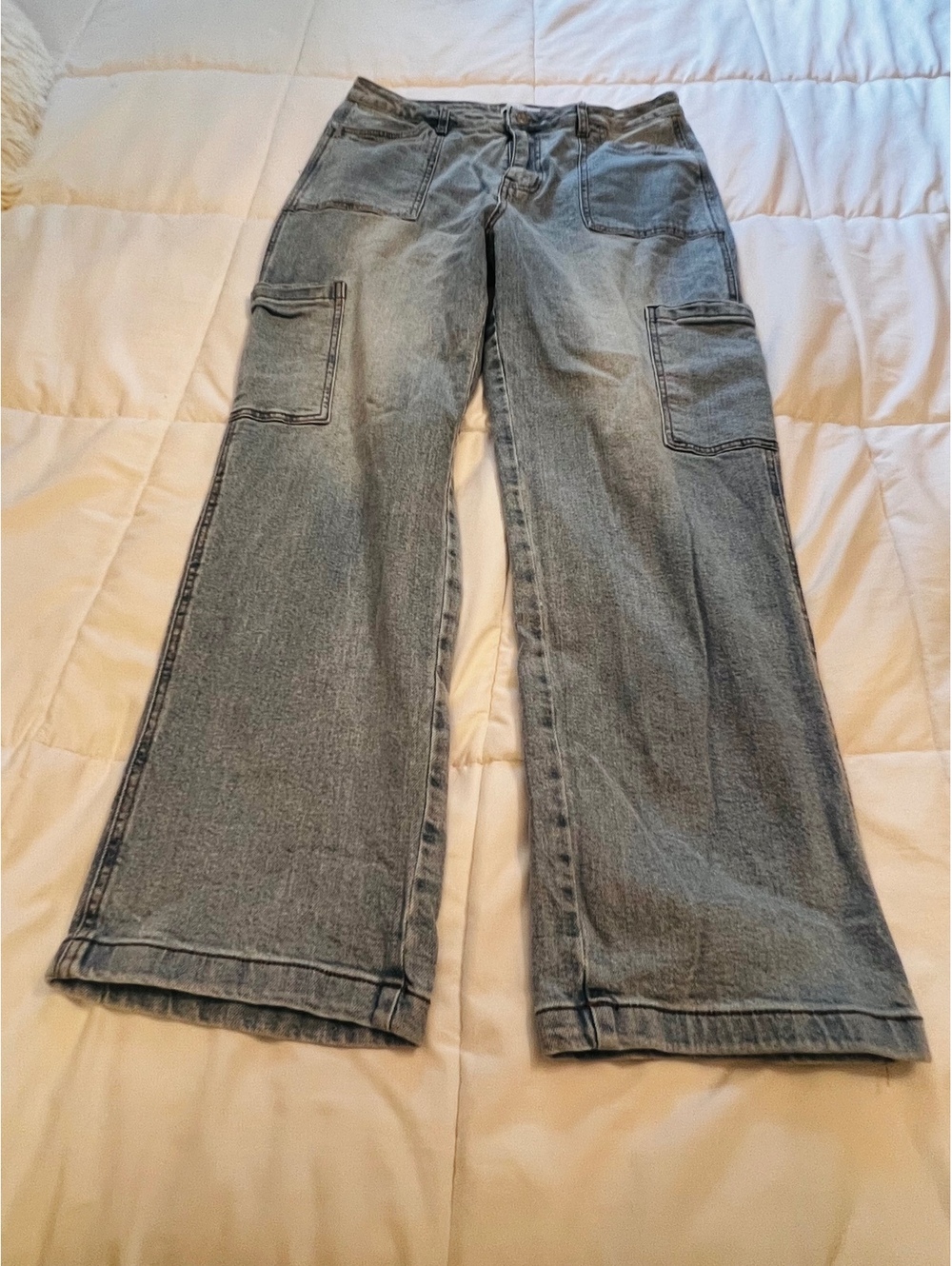 And Now This Womens size 32” W x 28” L Boyfriend blue cargo flare bottom Jeans